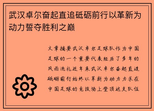 武汉卓尔奋起直追砥砺前行以革新为动力誓夺胜利之巅