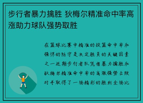 步行者暴力擒胜 狄梅尔精准命中率高涨助力球队强势取胜
