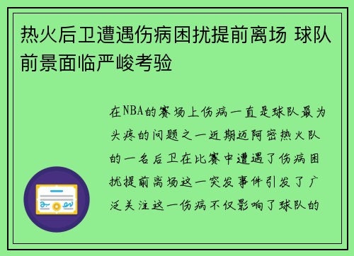 热火后卫遭遇伤病困扰提前离场 球队前景面临严峻考验