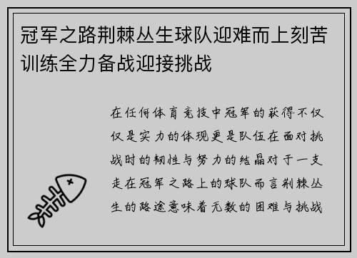 冠军之路荆棘丛生球队迎难而上刻苦训练全力备战迎接挑战
