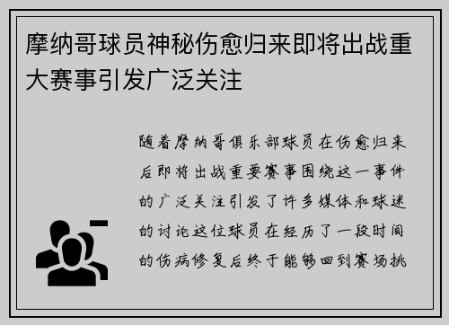 摩纳哥球员神秘伤愈归来即将出战重大赛事引发广泛关注