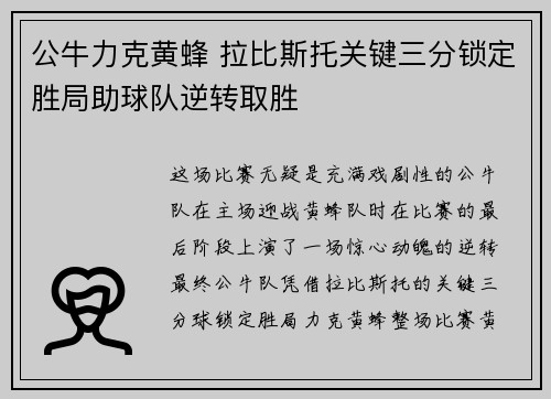 公牛力克黄蜂 拉比斯托关键三分锁定胜局助球队逆转取胜