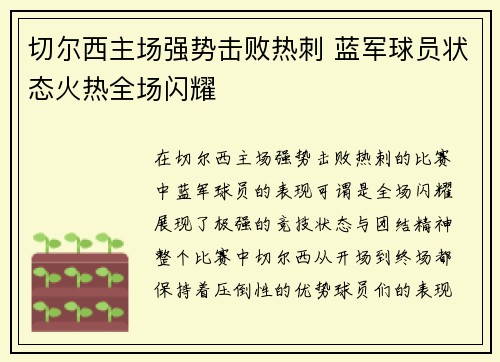 切尔西主场强势击败热刺 蓝军球员状态火热全场闪耀