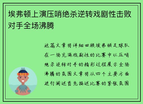 埃弗顿上演压哨绝杀逆转戏剧性击败对手全场沸腾
