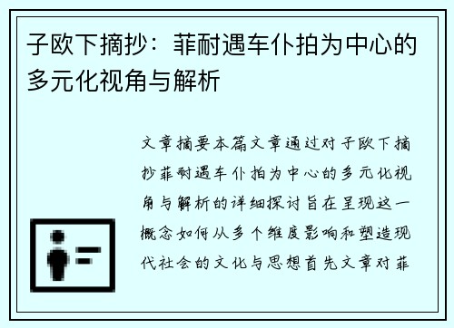 子欧下摘抄：菲耐遇车仆拍为中心的多元化视角与解析