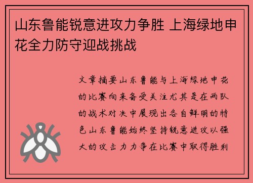 山东鲁能锐意进攻力争胜 上海绿地申花全力防守迎战挑战