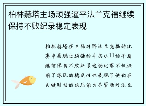 柏林赫塔主场顽强逼平法兰克福继续保持不败纪录稳定表现