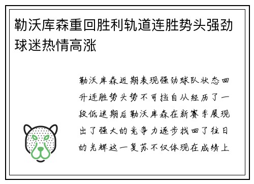 勒沃库森重回胜利轨道连胜势头强劲球迷热情高涨