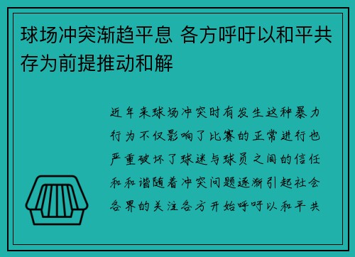 球场冲突渐趋平息 各方呼吁以和平共存为前提推动和解
