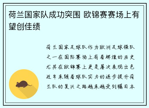荷兰国家队成功突围 欧锦赛赛场上有望创佳绩