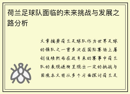 荷兰足球队面临的未来挑战与发展之路分析