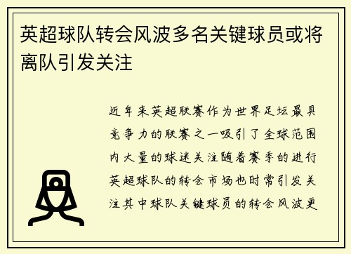 英超球队转会风波多名关键球员或将离队引发关注
