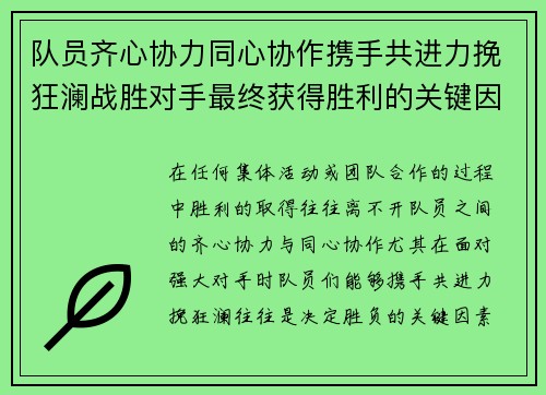 队员齐心协力同心协作携手共进力挽狂澜战胜对手最终获得胜利的关键因素